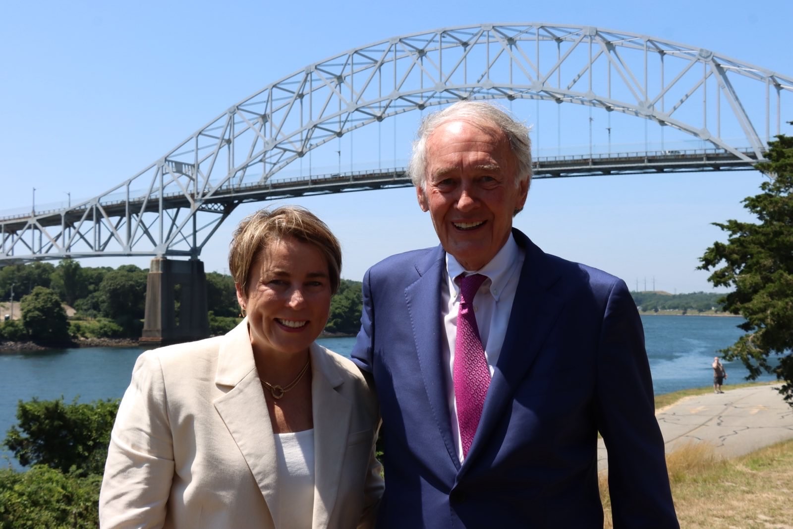 Ed Markey and Governor Healey at the Sagamore Bridge in Massachusetts